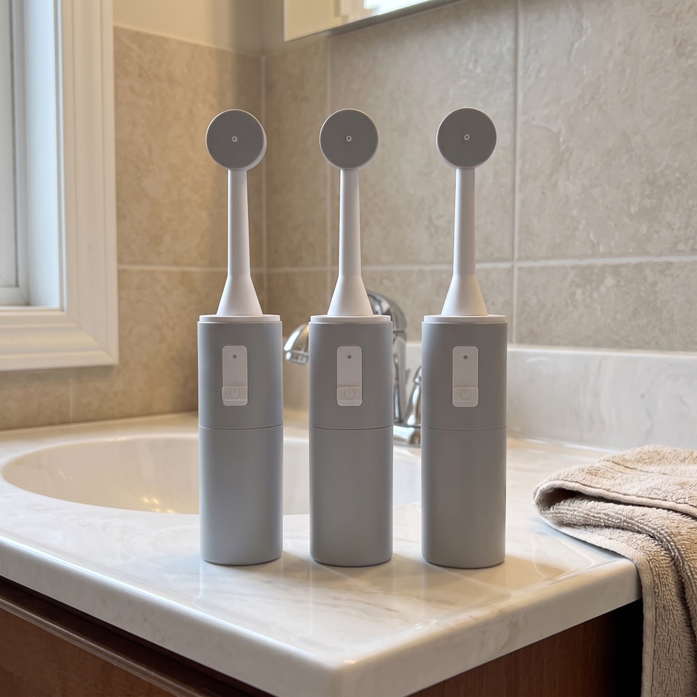 Three BumBum handheld bidets on a bathroom counter