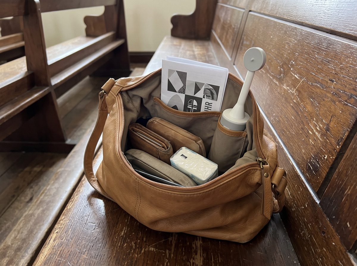 An open handbag on a church pew with the gray handheld bidet in the inner pocket
