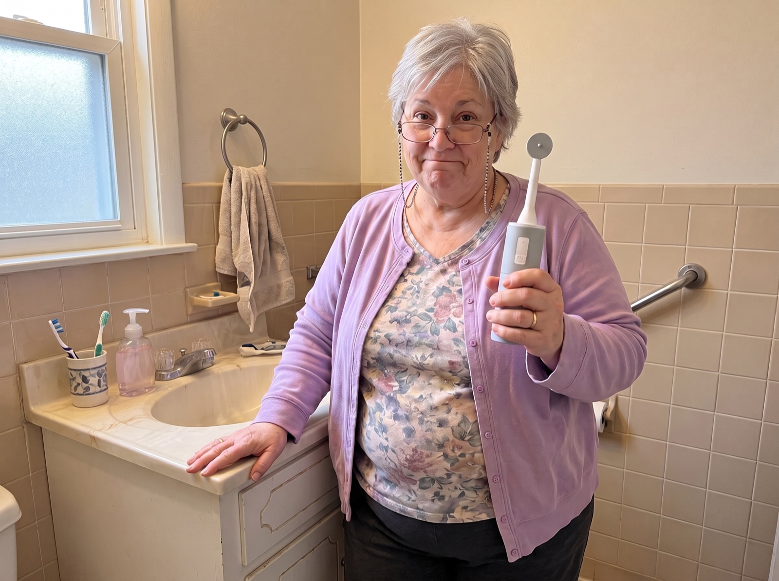 A woman in her sixties holds up a small gray handheld bidet in her bathroom.
