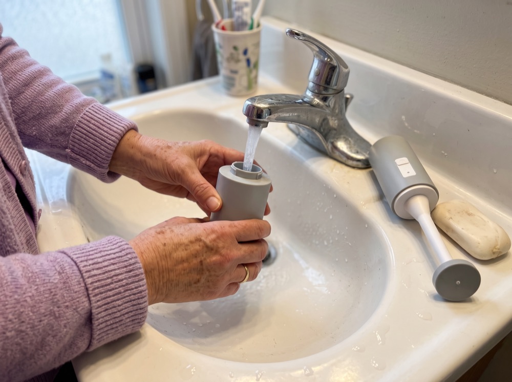 Hands filling the water canister at the bathroom sink